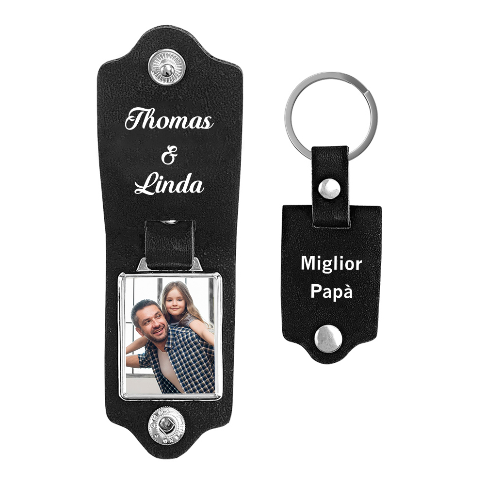 Portachiavi Pelle 1 foto e 2 nomi personalizzabili regalo per Papà