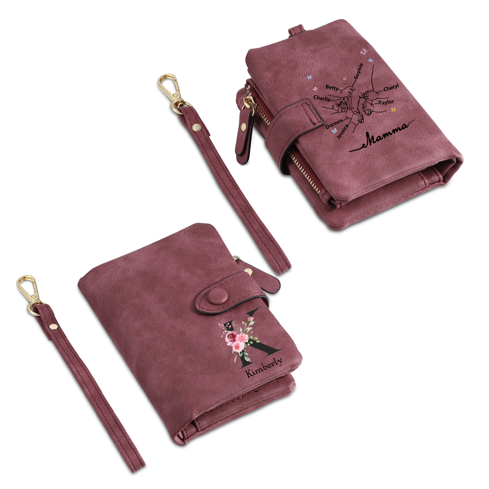 Portafoglio mano nella mano in PU pelle con 8 nomi & 1 testo & 1 lettera personalizzati per mamma