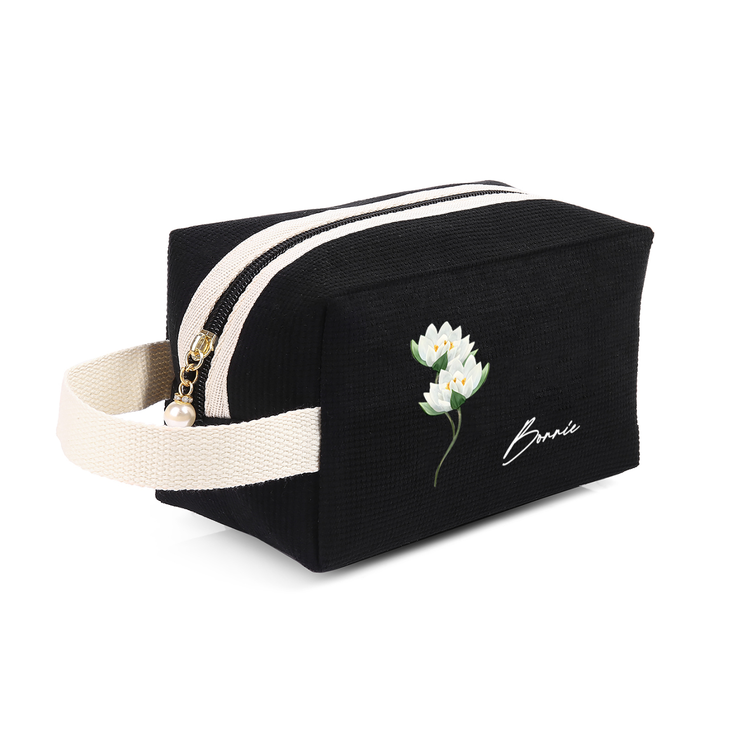 Borsa portabile per cosmetici in velluto a coste 1 nome e 1 fiore di nascita personalizzato multicolori da scegliere