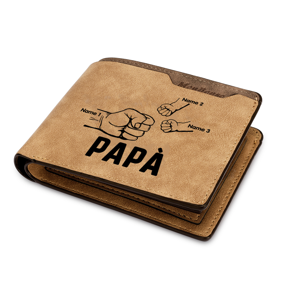 Jessemade IT Portafoglio Pelle PU pelle pugno mano regalo per papà personalizzato 3 nomi 1 testo e 1 foto