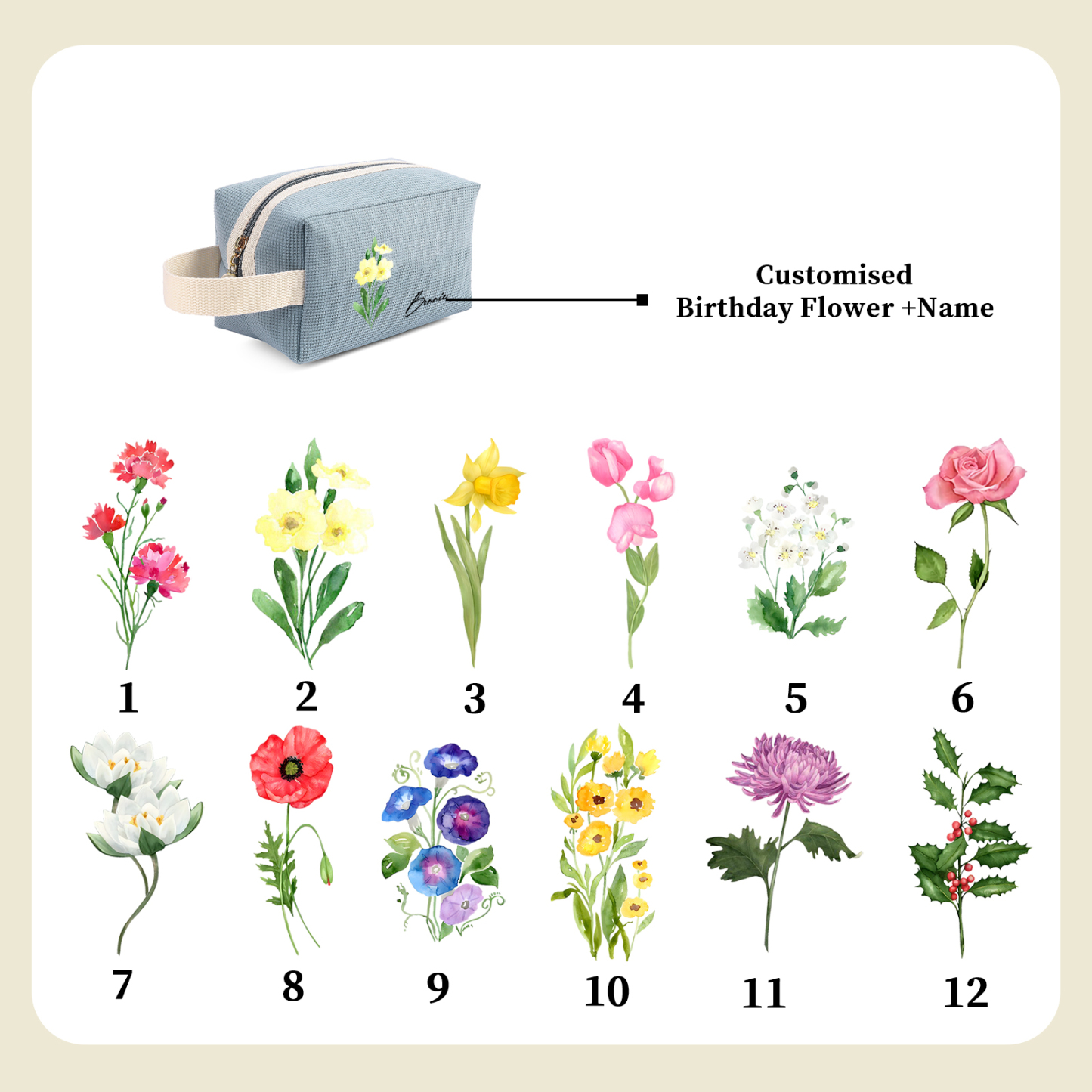 Borsa portabile per cosmetici in velluto a coste 1 nome e 1 fiore di nascita personalizzato multicolori da scegliere