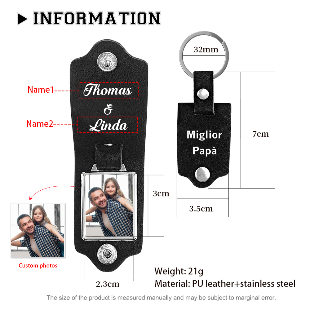 Portachiavi Pelle 1 foto e 2 nomi personalizzabili regalo per Papà