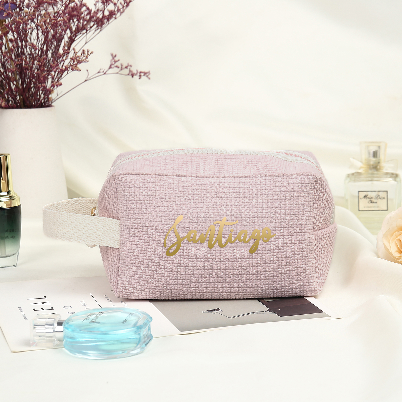 Borsa portabile per cosmetici in velluto a coste per donna 1 nome personalizzato regalo per donna