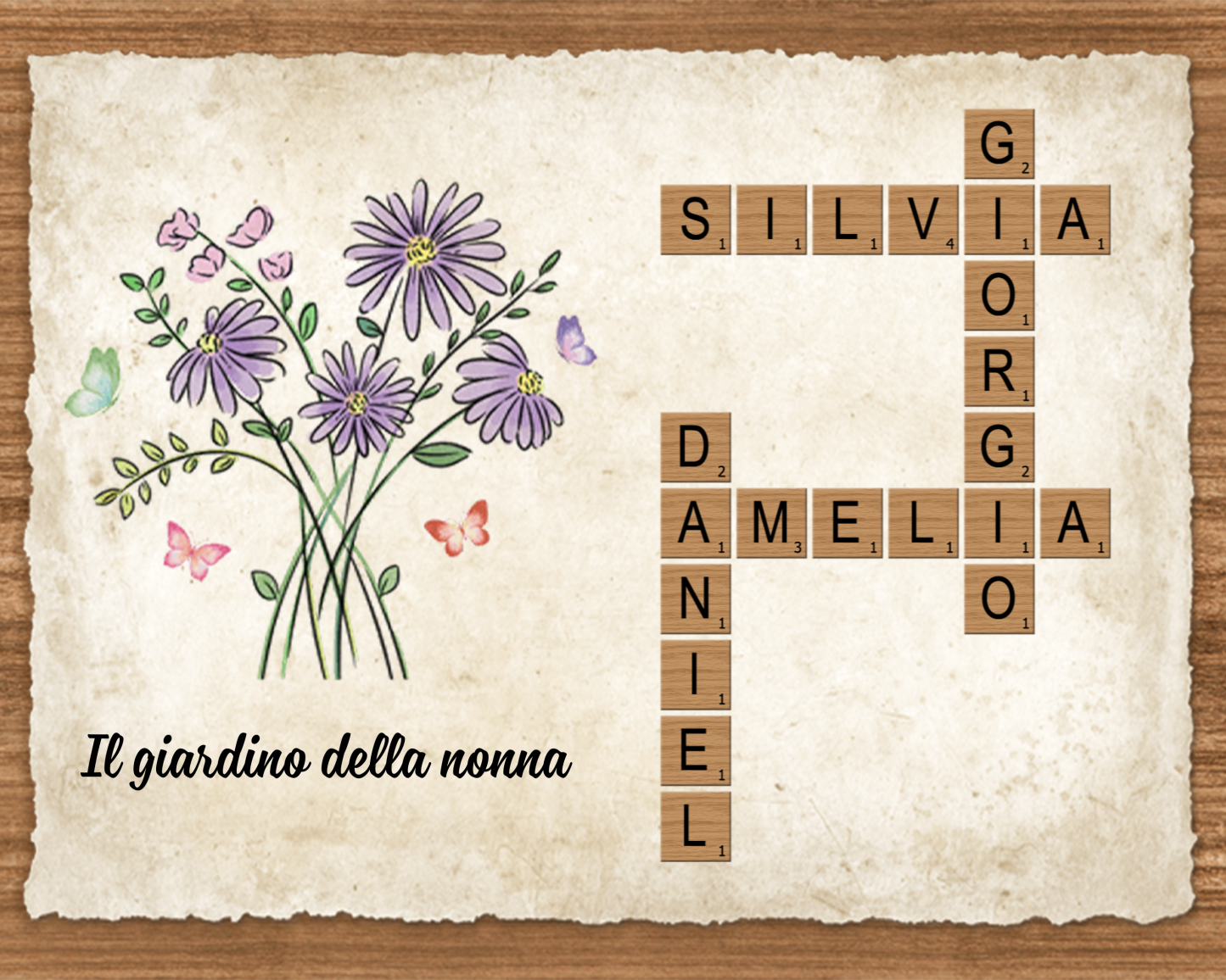Targa in Legno Personalizzata – Nomi e Fiori di Nascita – Tema Cruciverba – Idea Regalo per la Nonna o Festa della Mamma