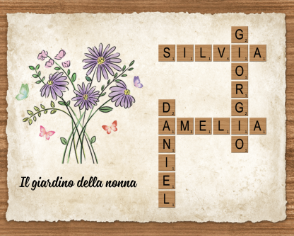 Targa in Legno Personalizzata – Nomi e Fiori di Nascita – Tema Cruciverba – Idea Regalo per la Nonna o Festa della Mamma