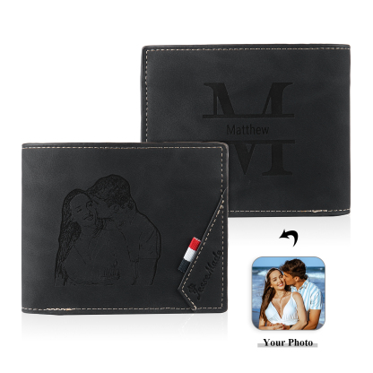 Personalized Name Leather Men's Wallet With Card Slot Engraved Letter And Photo Gift For Him