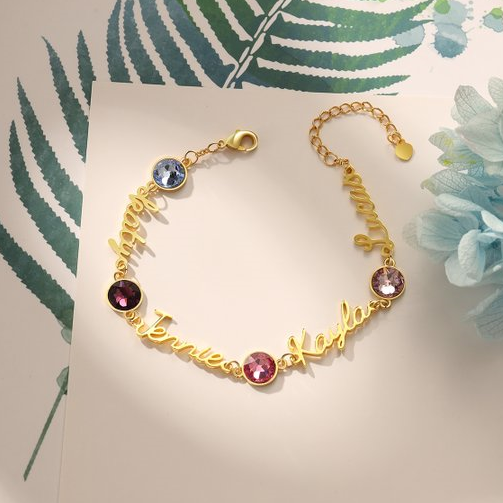 Braccialetto anello con 4 nomi e 4 pietre di nascita personalizzabili regalo per donna