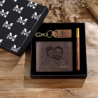 Personalized Leather Wallet Gift Box Set with Letter Name Keychain Customizable Photo and Text Wallet Gift for Him