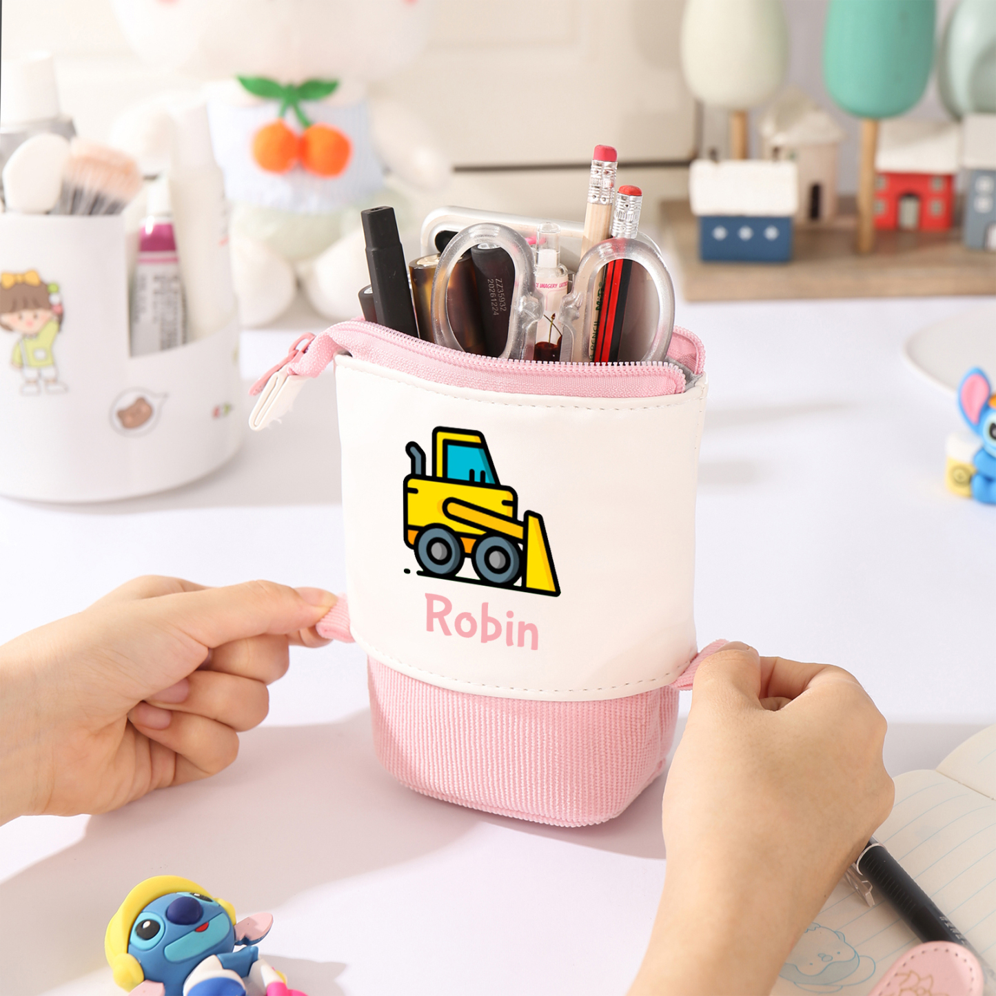 Astuccio per matite personalizzato con 1 nome e 1 veicolo da costruzione regalo per scuola elementare bambini