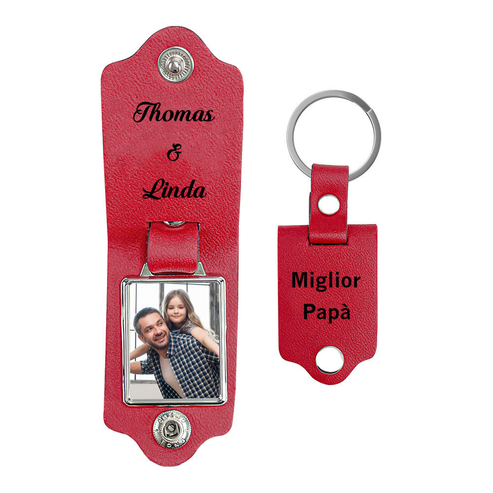 Portachiavi Pelle 1 foto e 2 nomi personalizzabili regalo per Papà