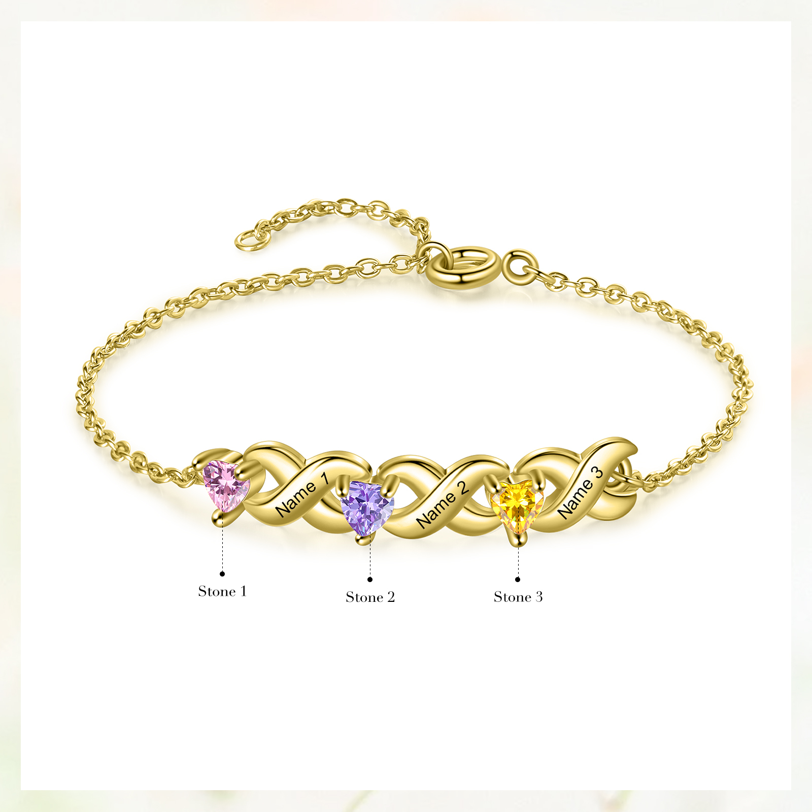 Braccialetto personalizzato con 3 nomi e 3 cuore pietre di nascita regalo per donna
