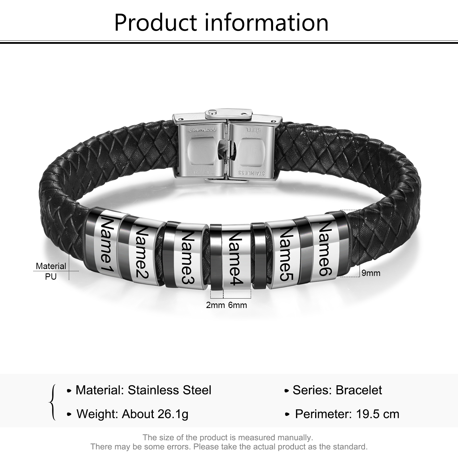 Bracciale Uomo in Pelle Nera Intrecciata – Incisione 6 Nomi Personalizzati – Idea Regalo Speciale per Papà e Lui | Jessemade