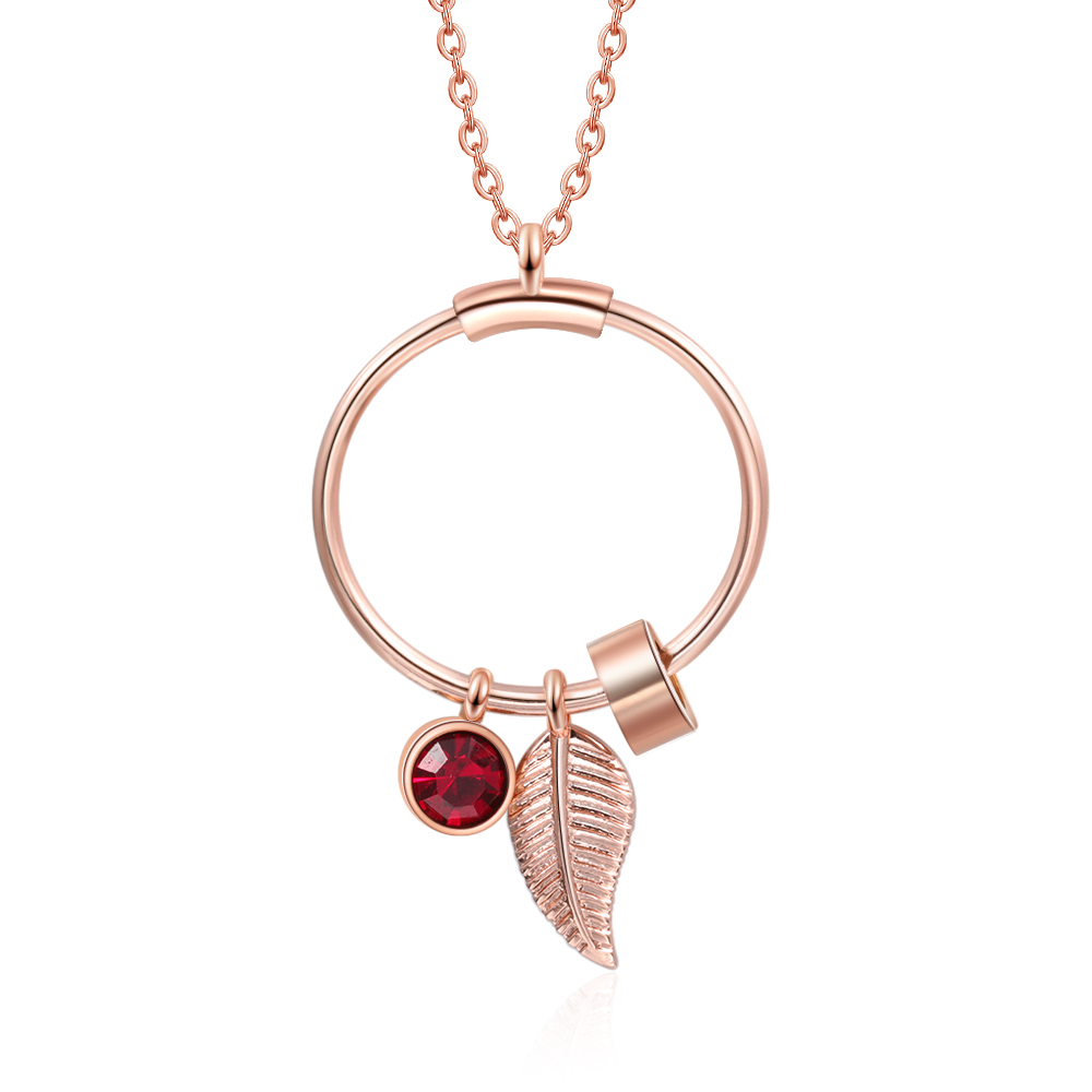 Collana con ciondolo foglia e cerchio 1 nome e 1 pietra di nascita personalizzati regalo per donna