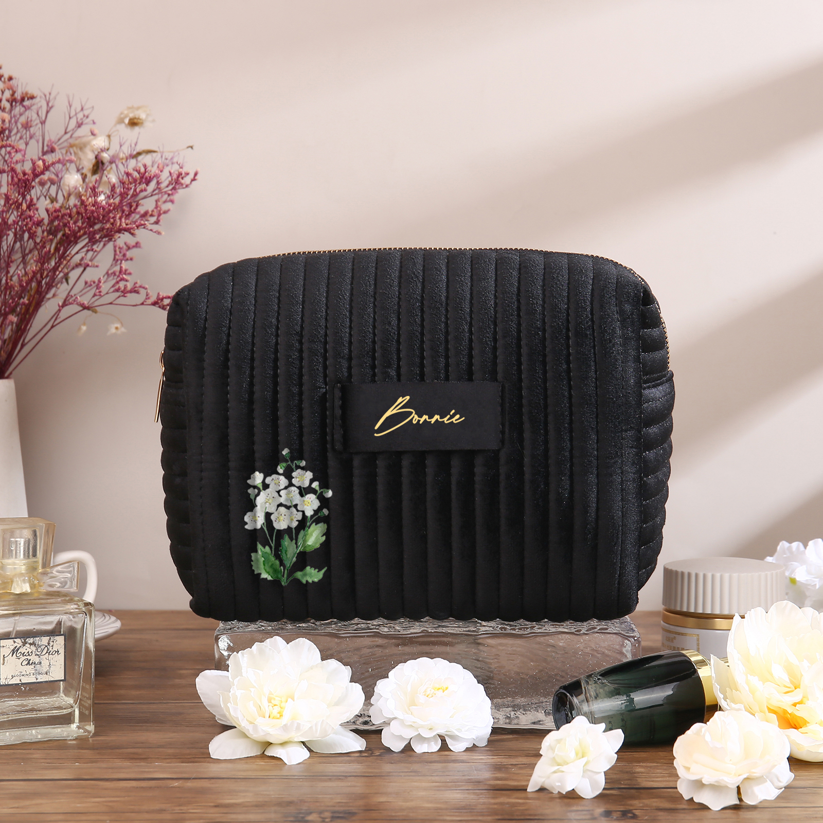 Borsa portabile per cosmetici in velluto per donna 1 nome e 1 fiore di nascita personalizzato multicolori da scegliere