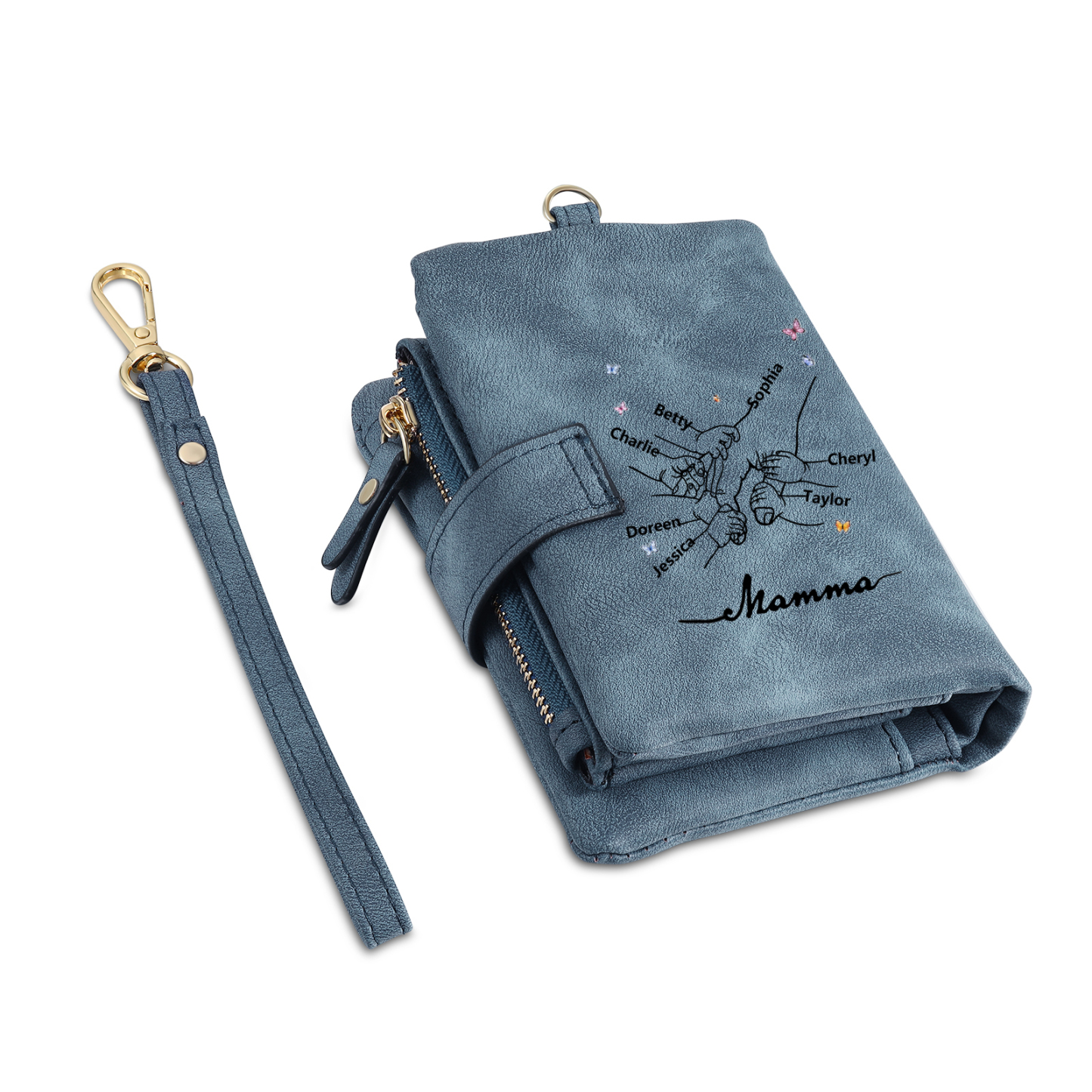 Portafoglio mano nella mano in PU pelle con 8 nomi & 1 testo & 1 lettera personalizzati per mamma