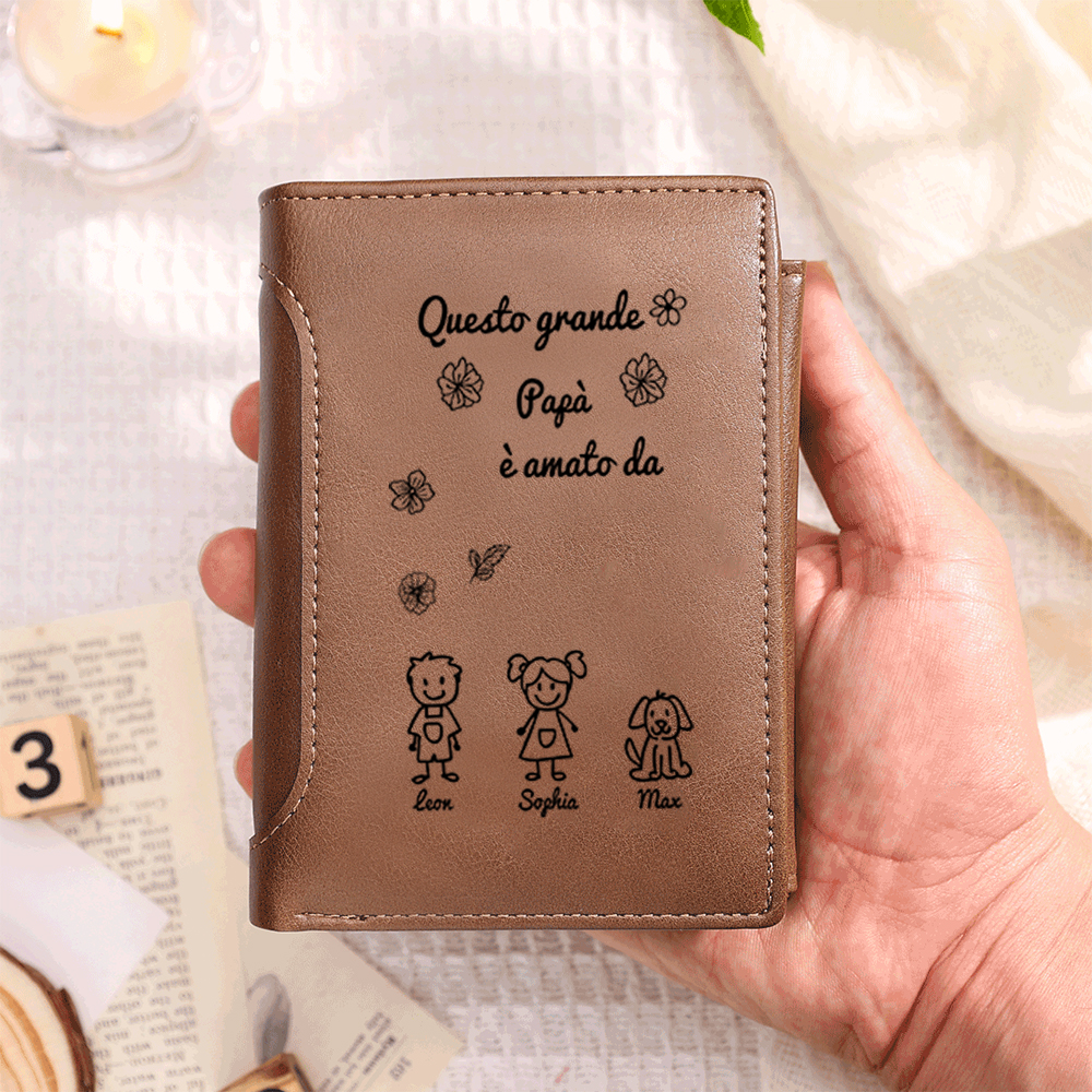 Portafoglio personalizzato per papà, stampato con i nomi dei figli e i disegni