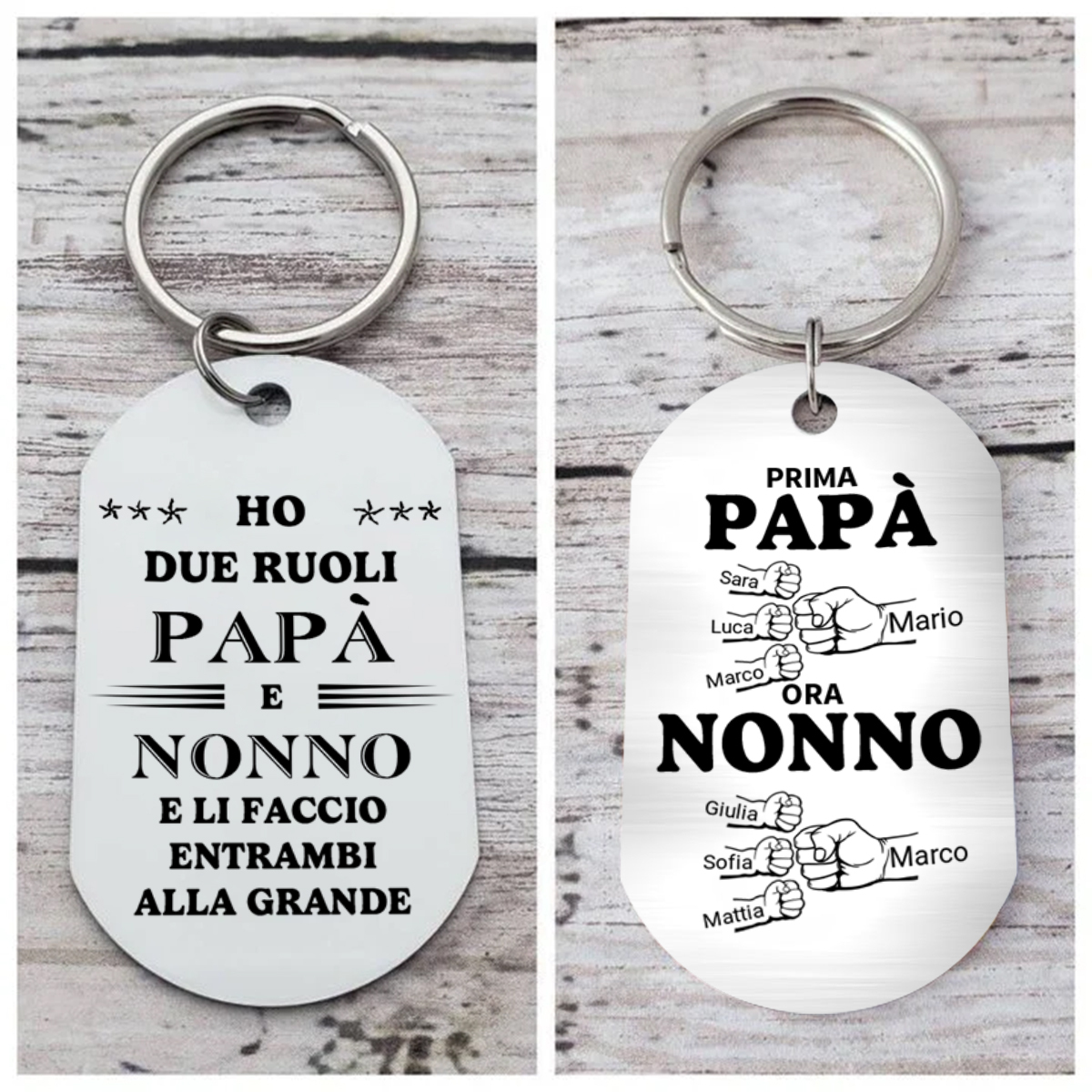 Prima papà, ora nonno - portachiavi con piastrina militare con saluto col pugno