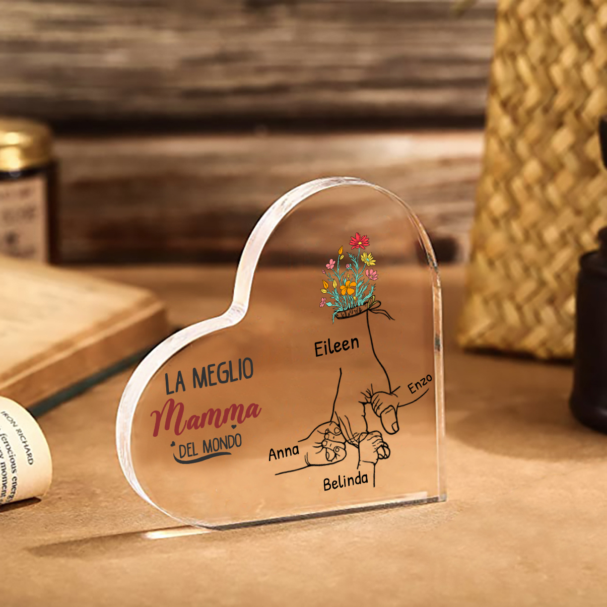 Targa Personalizzata in Acrilico a Forma di Cuore con Albero Genealogico – Con 1-7 Nomi & fiore Personalizzabili - Regalo per la Mamma 