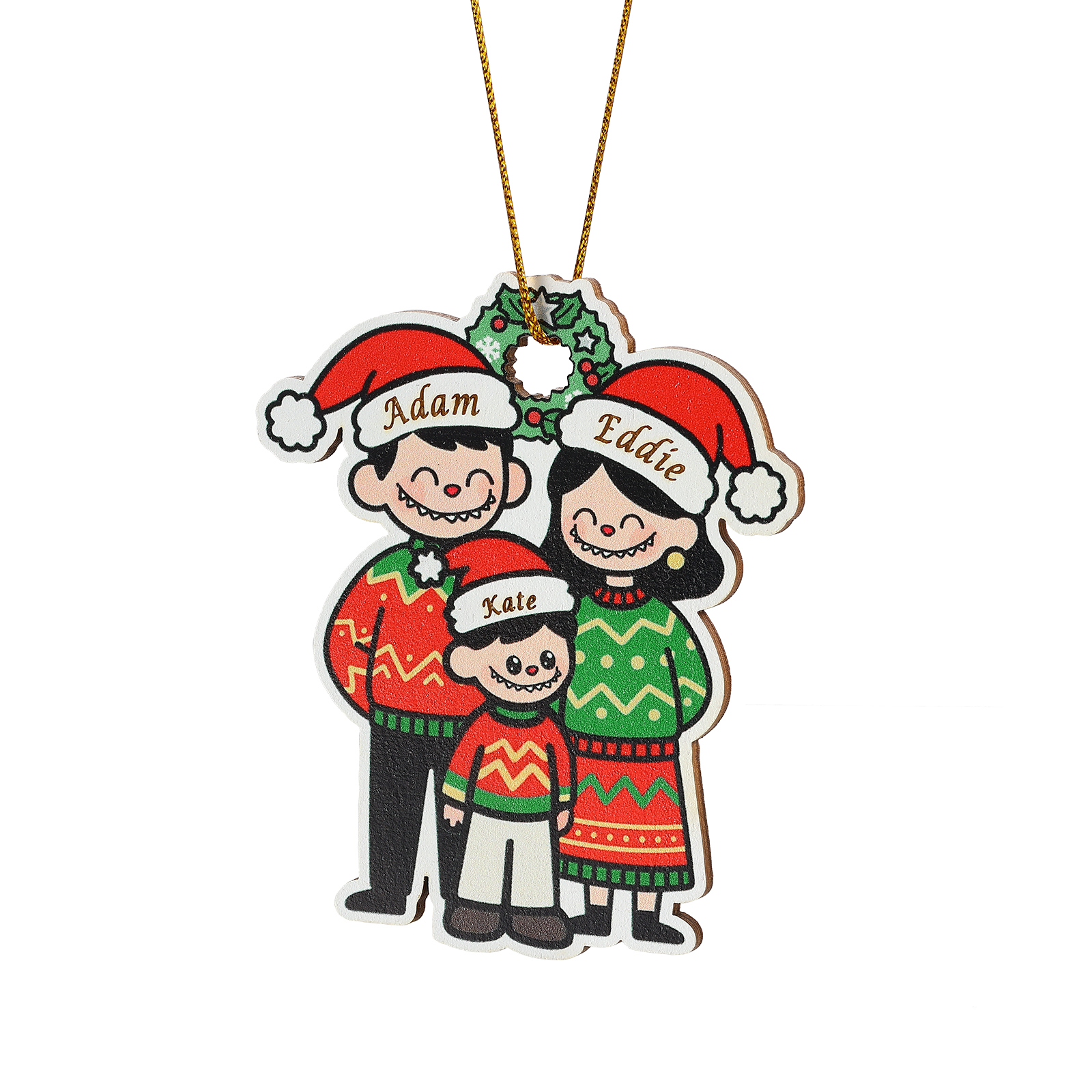 Ornamento di Natale in legno personalizzato con famiglia in stile cartone animato
