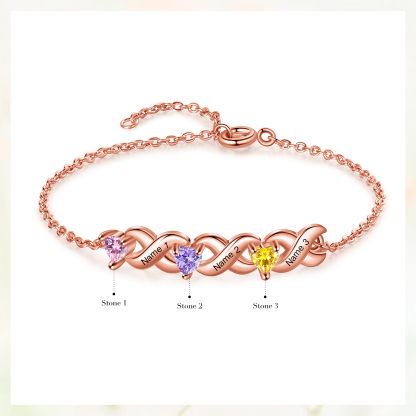 Braccialetto personalizzato con 3 nomi e 3 cuore pietre di nascita regalo per donna