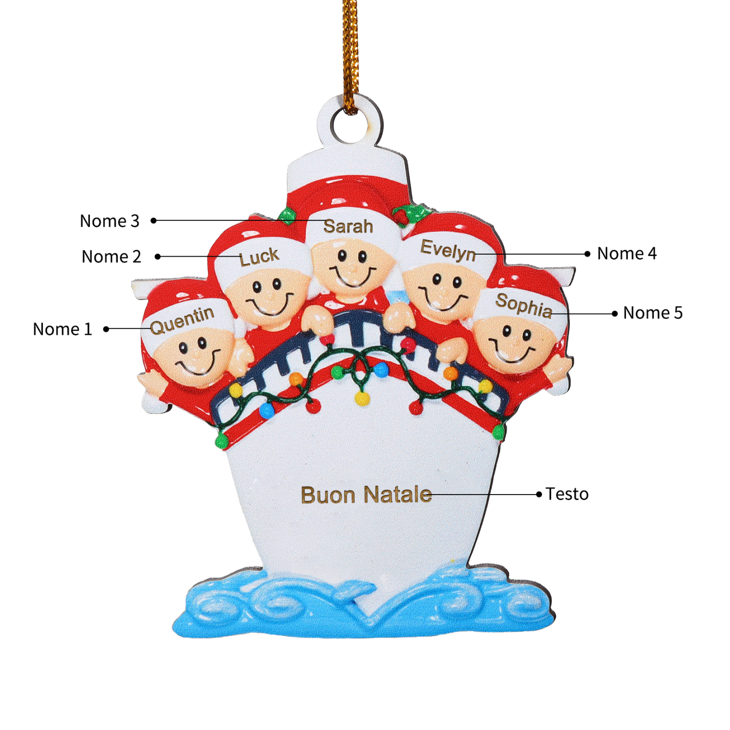 "Sulla nave"Ornamento natalizio in legno con 3-5 nomi personalizzati e 1 testo Regalo di Natale per la famiglia | Jessemade