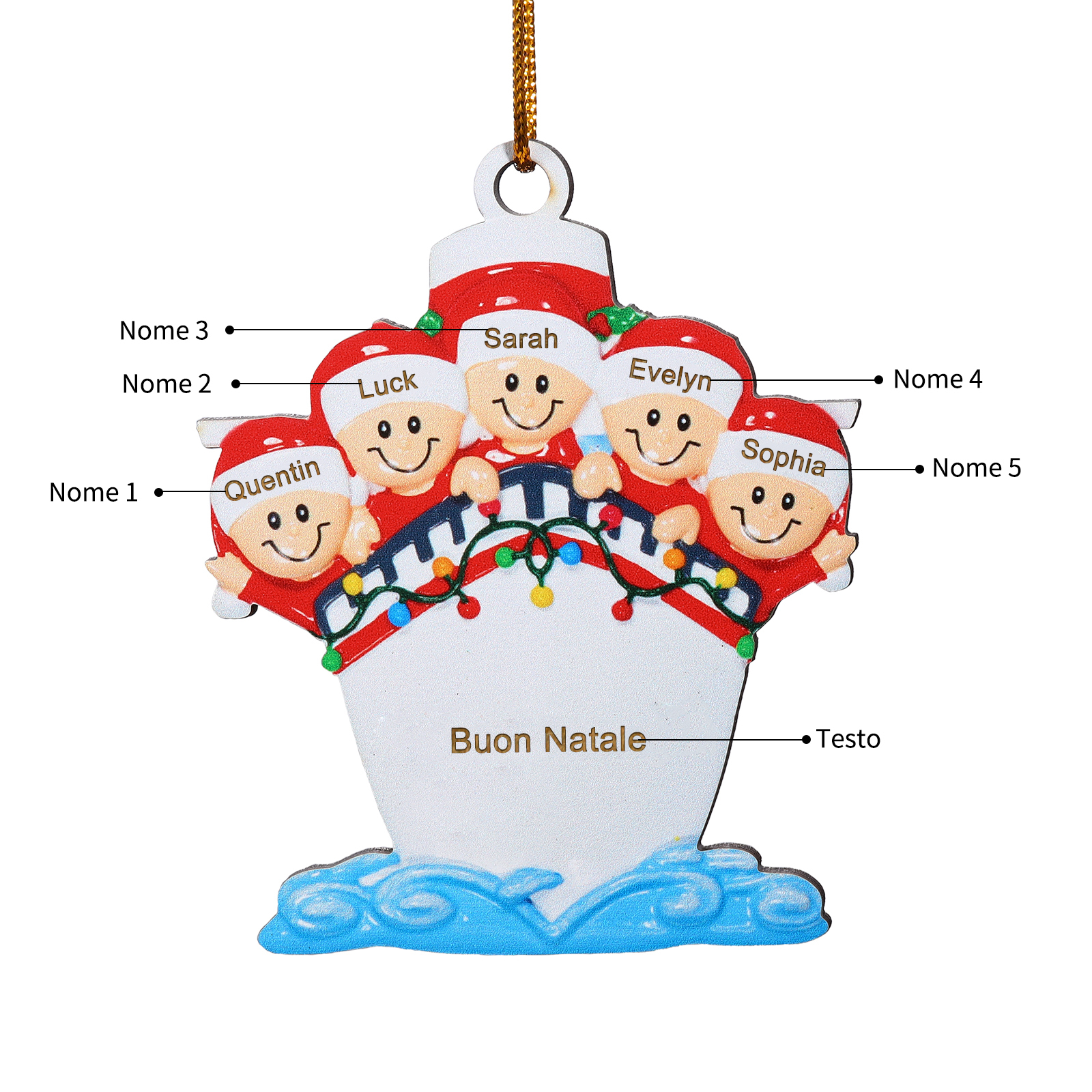 "Sulla nave"Ornamento natalizio in legno con 3-5 nomi personalizzati e 1 testo Regalo di Natale per la famiglia | Jessemade