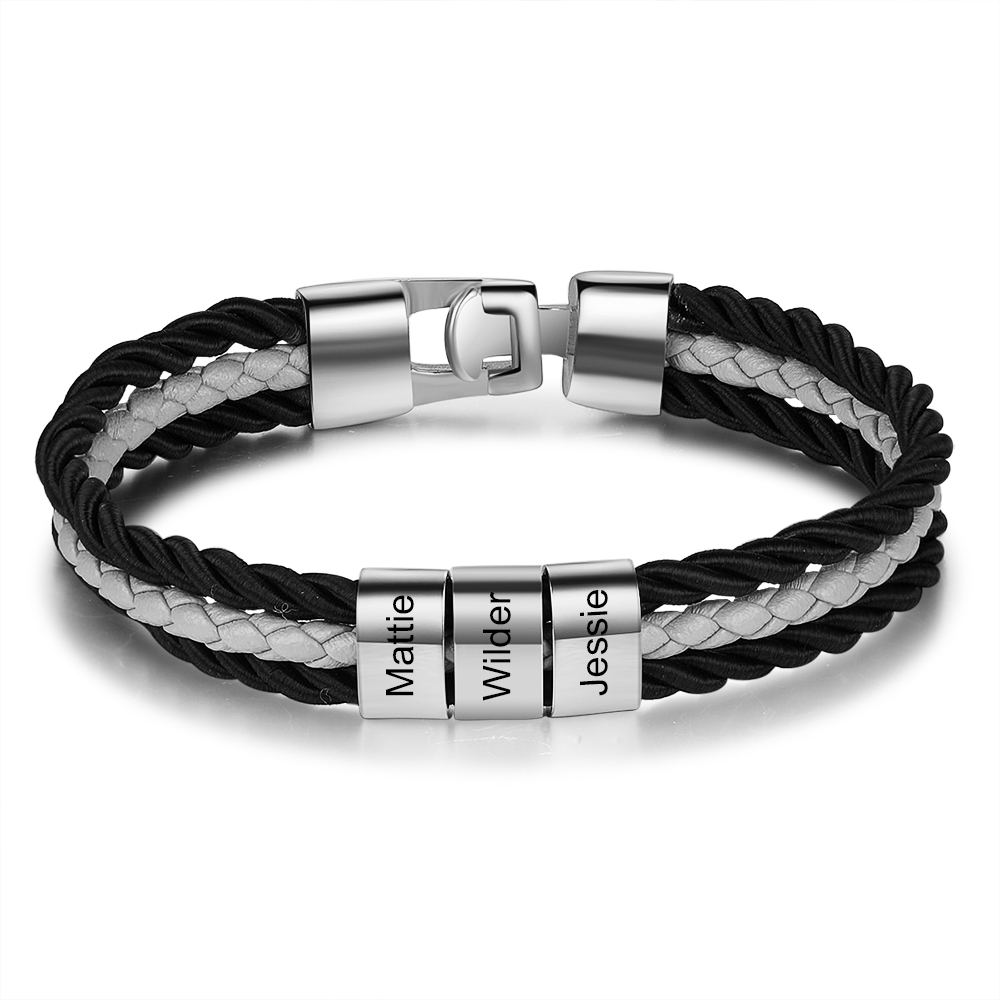 Bracciale Uomo Personalizzato in Pelle – Incisione 3 Nomi – Regalo Elegante per Papà o Lui | Jessemade