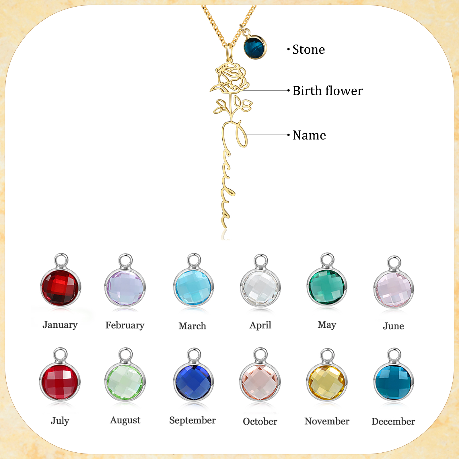 Collana 925 Argento Fiore elegante con 1 pietra di nascita e 1 nome e 1 fiore di nascita personalizzabili per donna