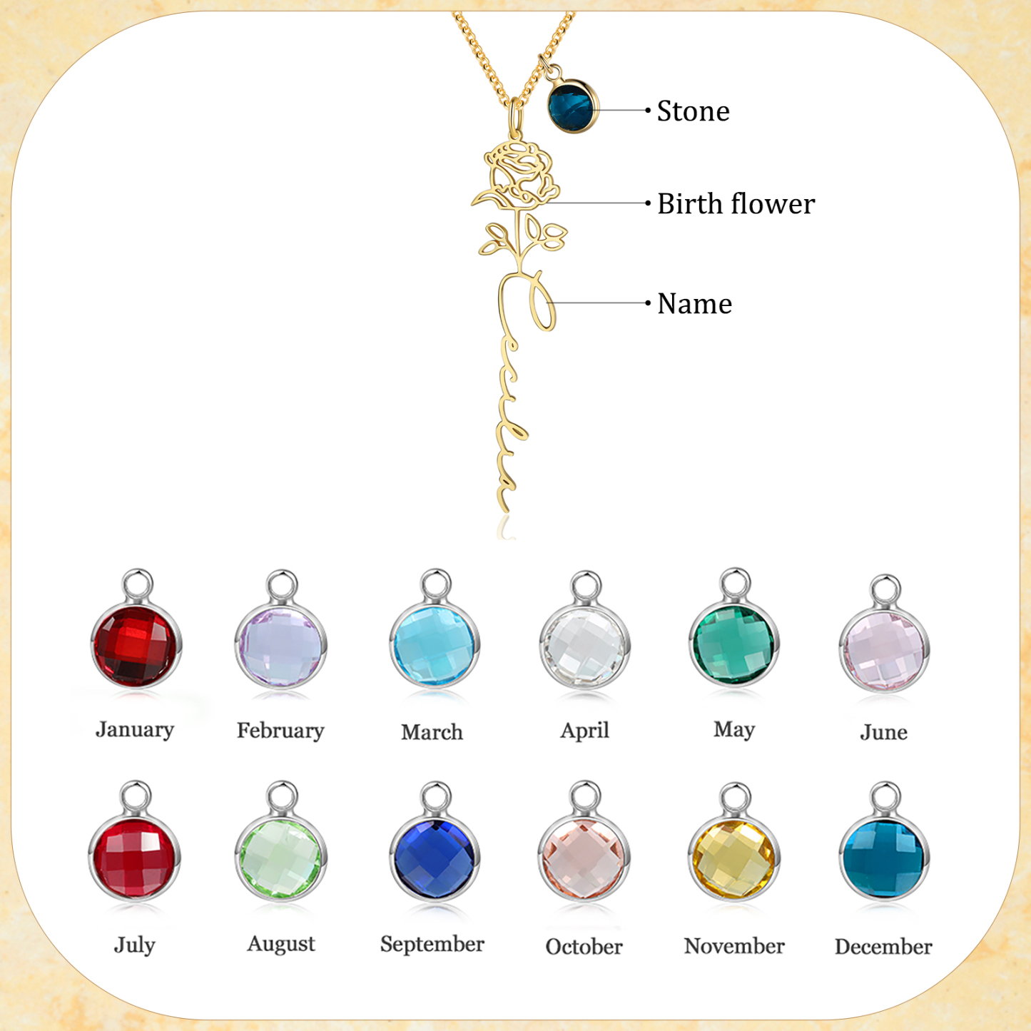 Collana 925 Argento Fiore elegante con 1 pietra di nascita e 1 nome e 1 fiore di nascita personalizzabili per donna
