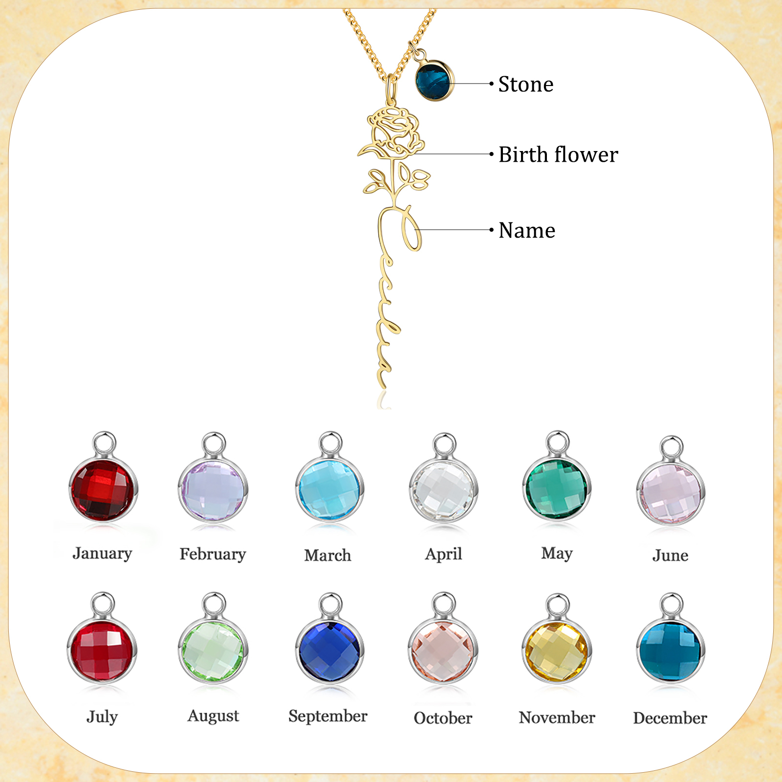 Collana 925 Argento Fiore elegante con 1 pietra di nascita e 1 nome e 1 fiore di nascita personalizzabili per donna