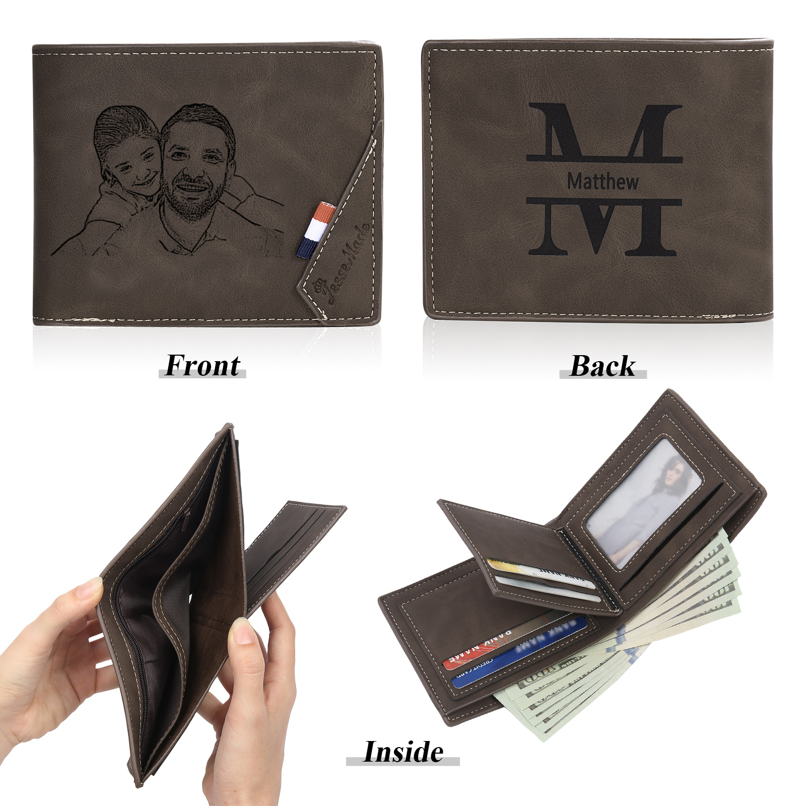 Personalized Leather Wallet Gift Box Set with Keychain Customizable Photo,Text ,Name and Letter Wallet Gift for Him