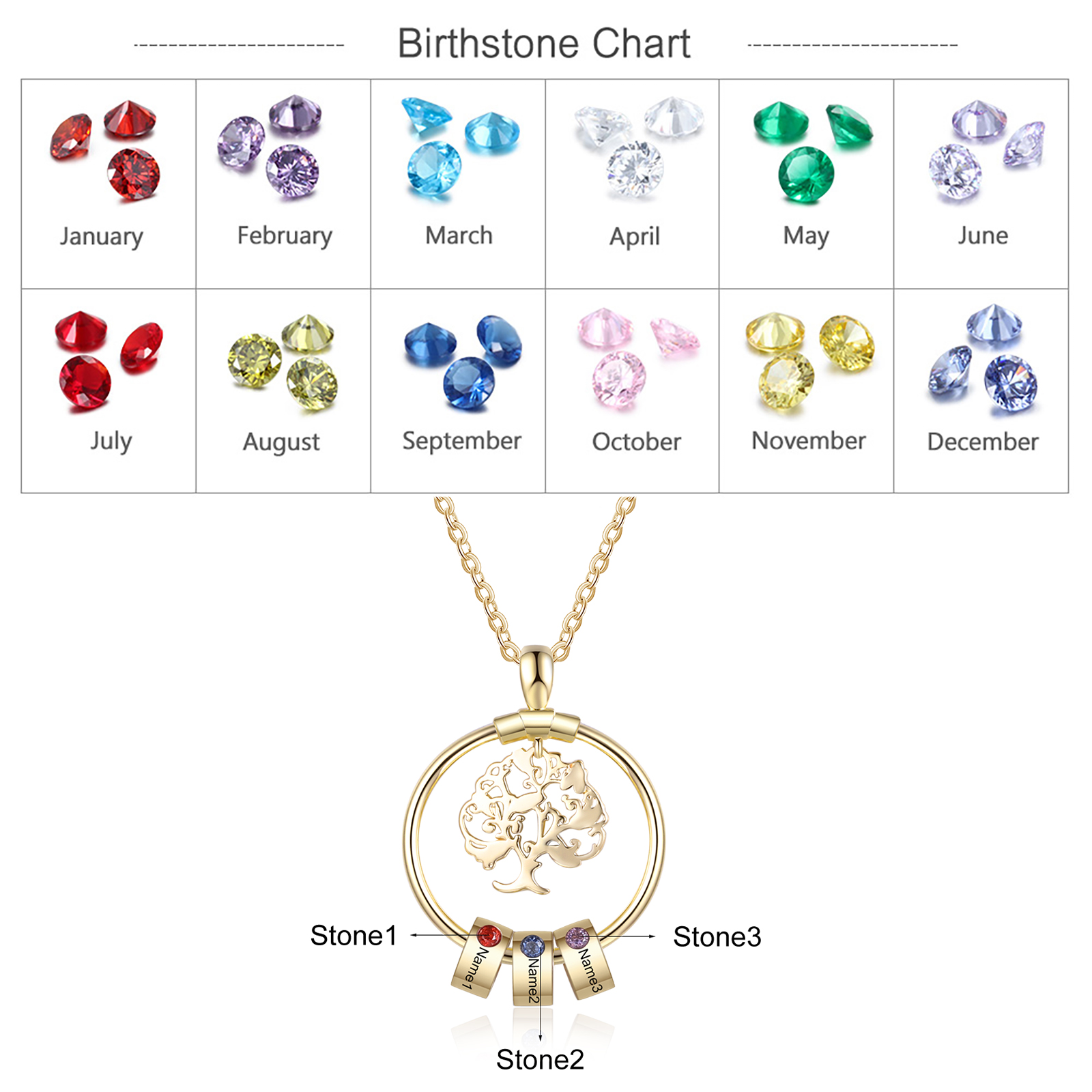 Personalized Family Tree Necklace With 3 Birthstone & 3 Name & Bracelet with 3 Name Gift Set Christmas Gift for Family | Jessemade