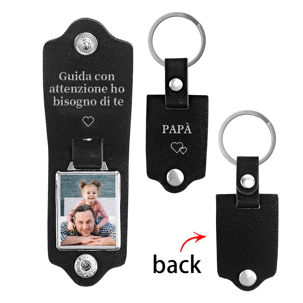 Guida con attenzione-Portachiavi Pelle 1 foto e 1 testo personalizzabili per Papà