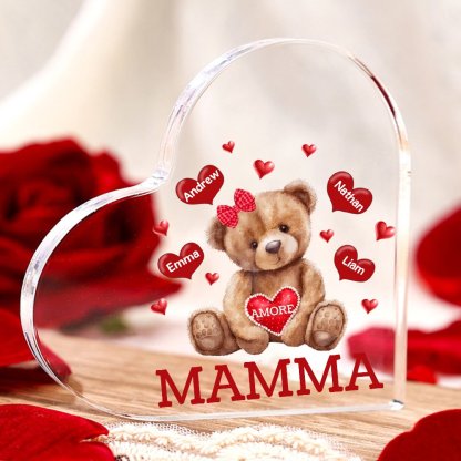 MAMMA Decorazione acrilica con orsacchiotto a forma di cuore 4 nomi e 2 testi personalizzati per mamma/nonna