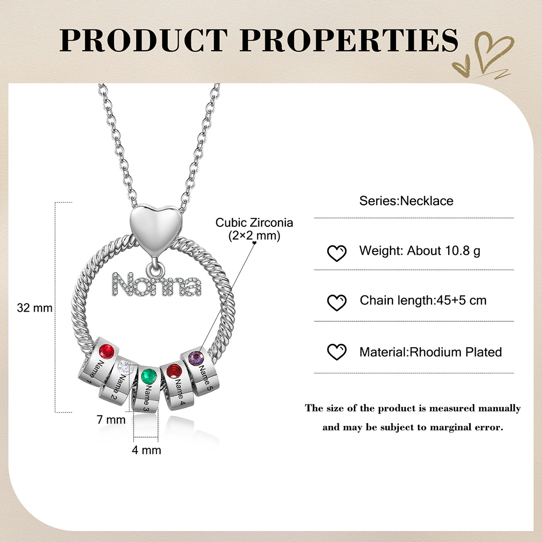 Collana con ciondolo nonna 5 nomi incisioni e pietre di nascita personalizzate