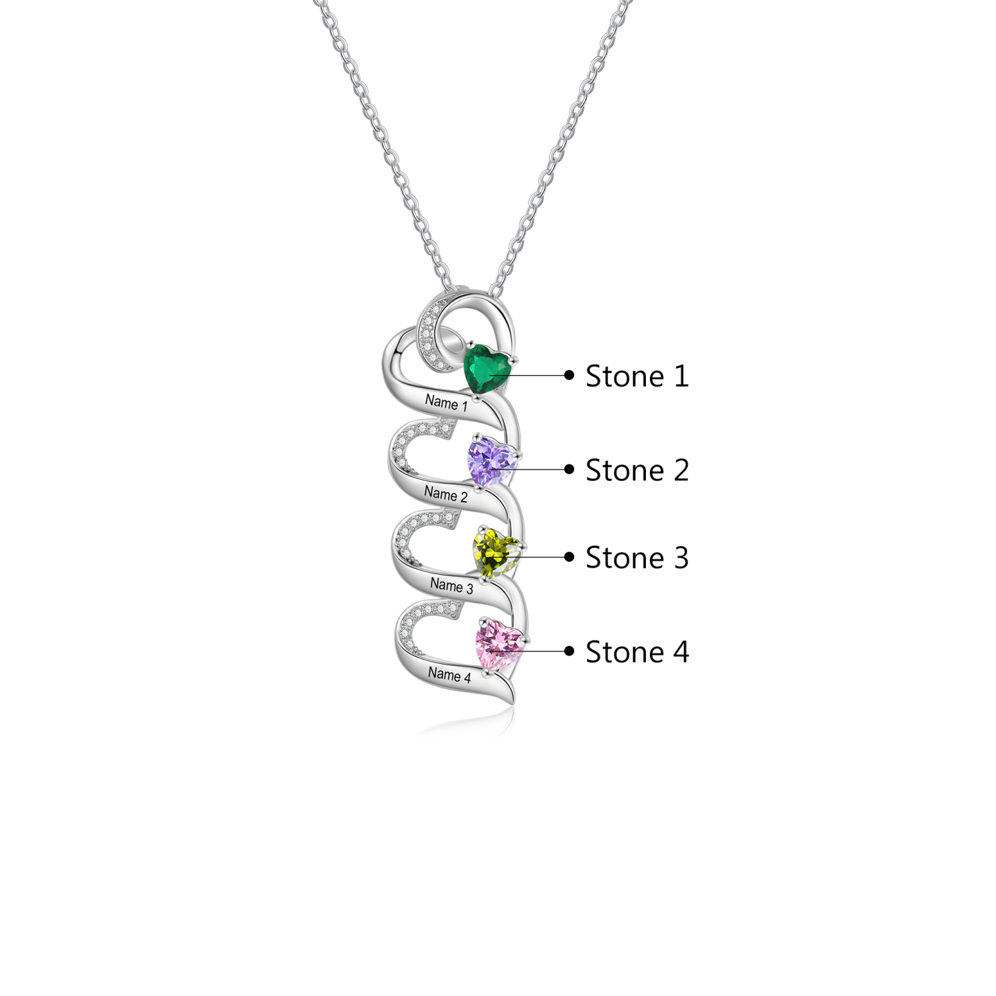 Personalised Heart Necklace with Custom 4 Names & 4 Birthstones – 925 Sterling Silver Quadruple Heart Design – Special Gift for Her | Jessemade
