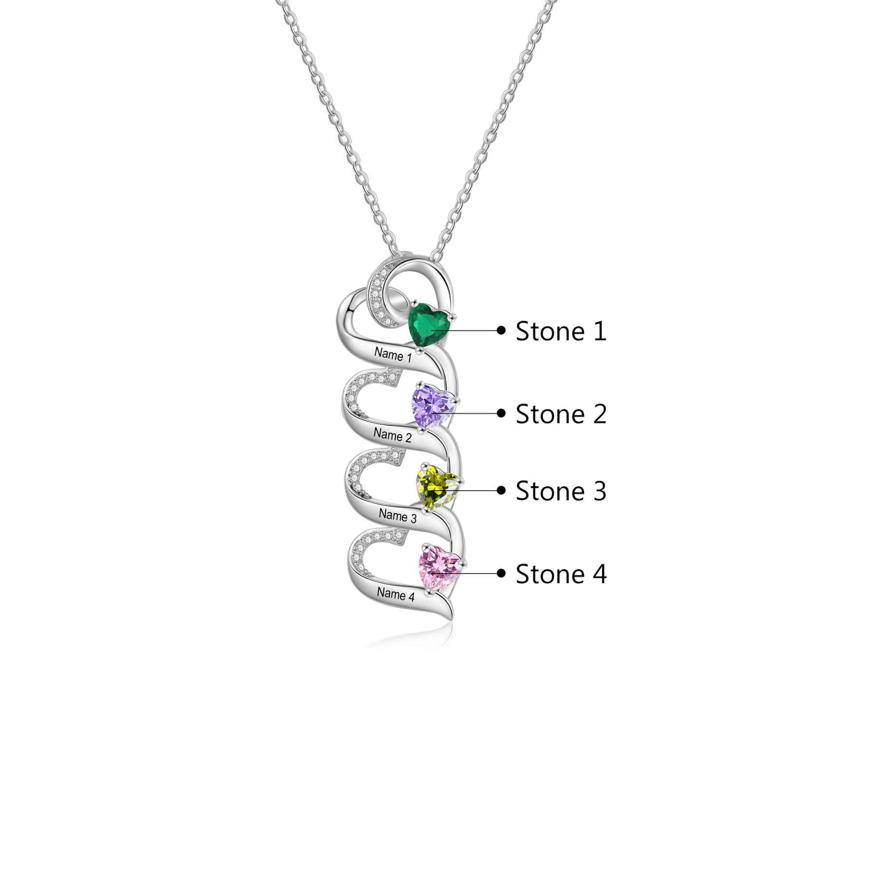 Personalised Heart Necklace with Custom 4 Names & 4 Birthstones – 925 Sterling Silver Quadruple Heart Design – Special Gift for Her | Jessemade