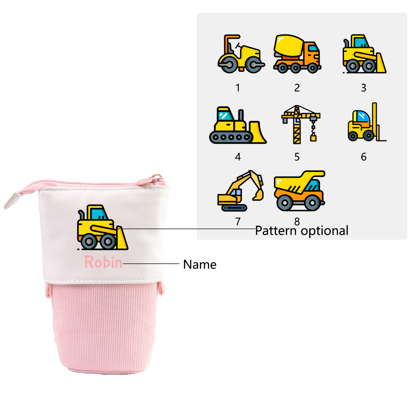 Astuccio per matite personalizzato con 1 nome e 1 veicolo da costruzione regalo per scuola elementare bambini