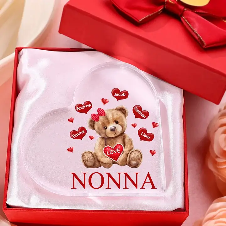 MAMMA Decorazione acrilica con orsacchiotto a forma di cuore 5 nomi e 2 testi personalizzati per mamma/nonna