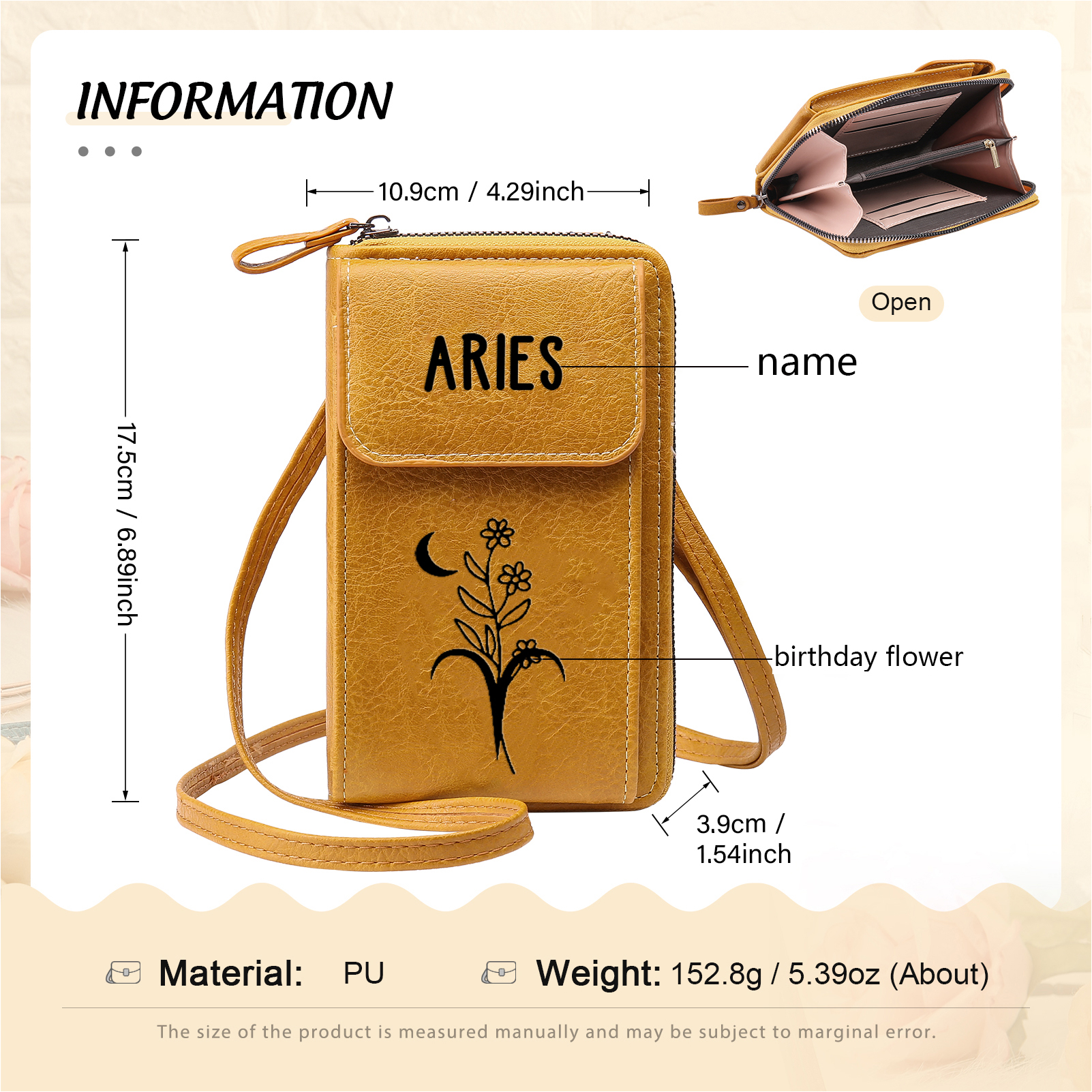 Borsa con tracolla in PU pelle con 1 nome & 1 fiore di nascita personalizzati per donna