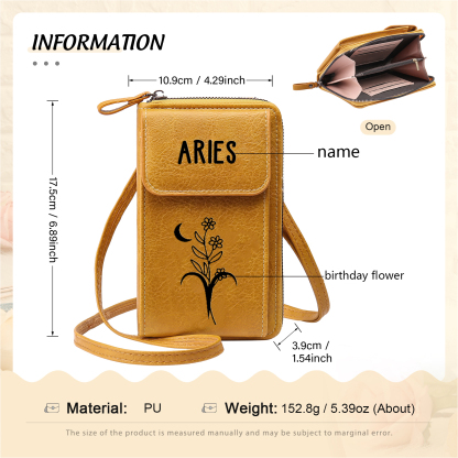 Borsa con tracolla in PU pelle con 1 nome & 1 fiore di nascita personalizzati per donna