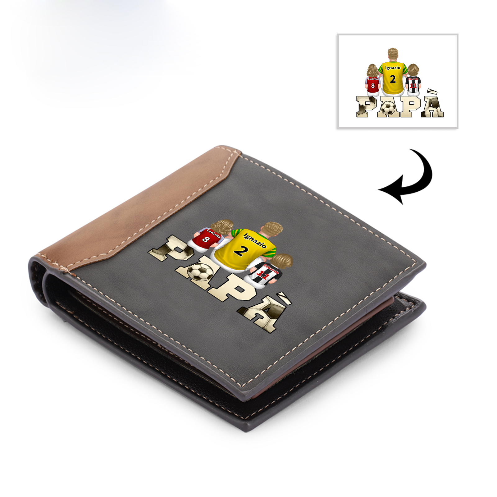 Regalo per Papà - Portafoglio personalizzato a tema calcio, design familiare con 1-4 nomi in pelle PU