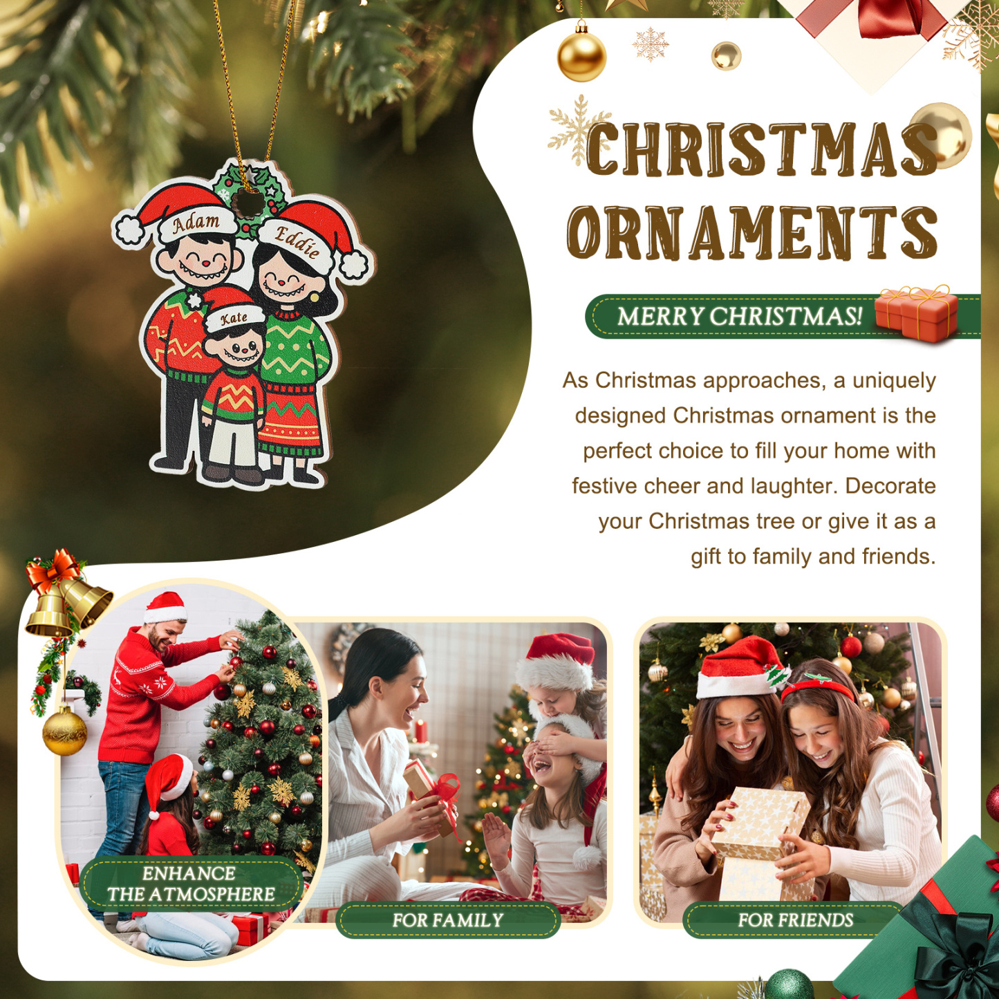 Ornamento di Natale in legno personalizzato con famiglia in stile cartone animato