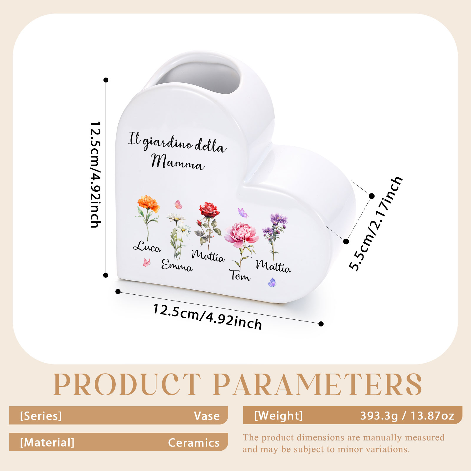 Vaso a Cuore in Ceramica Personalizzato con 1–12 Fiori di Nascita e Nomi dei Bambini