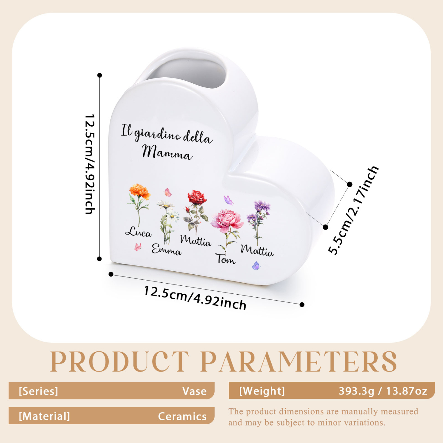 Vaso a Cuore in Ceramica Personalizzato con 1–12 Fiori di Nascita e Nomi dei Bambini
