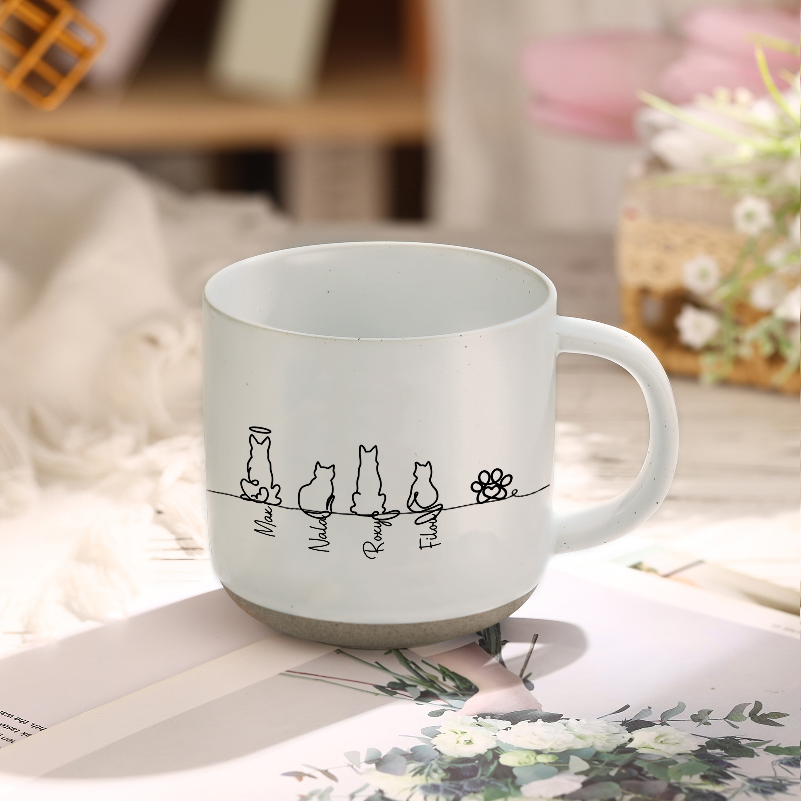 Tazza in ceramica minimalista con animali, disegno lineare