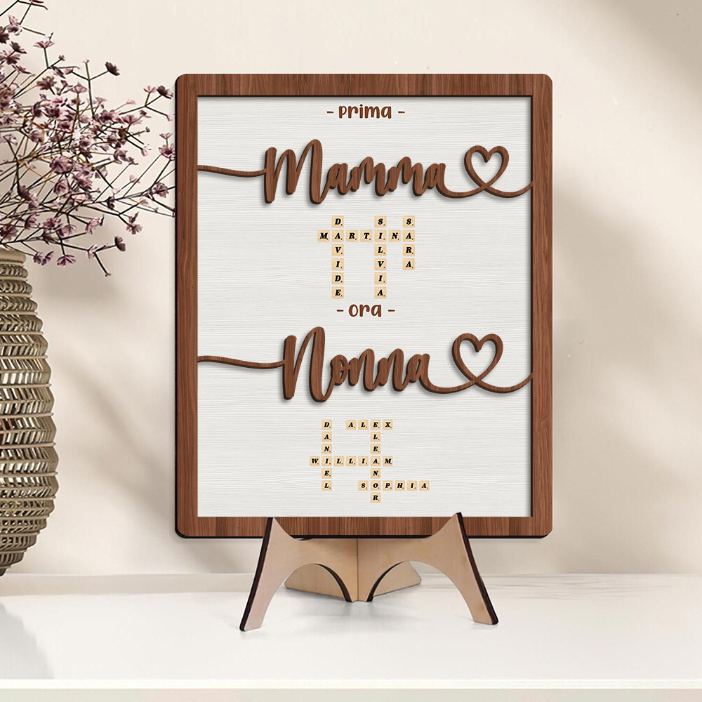 Targa in legno personalizzata Prima mamma, ora nonna Insegna artistica cruciverba Decorazione per la casa Quadro in legno