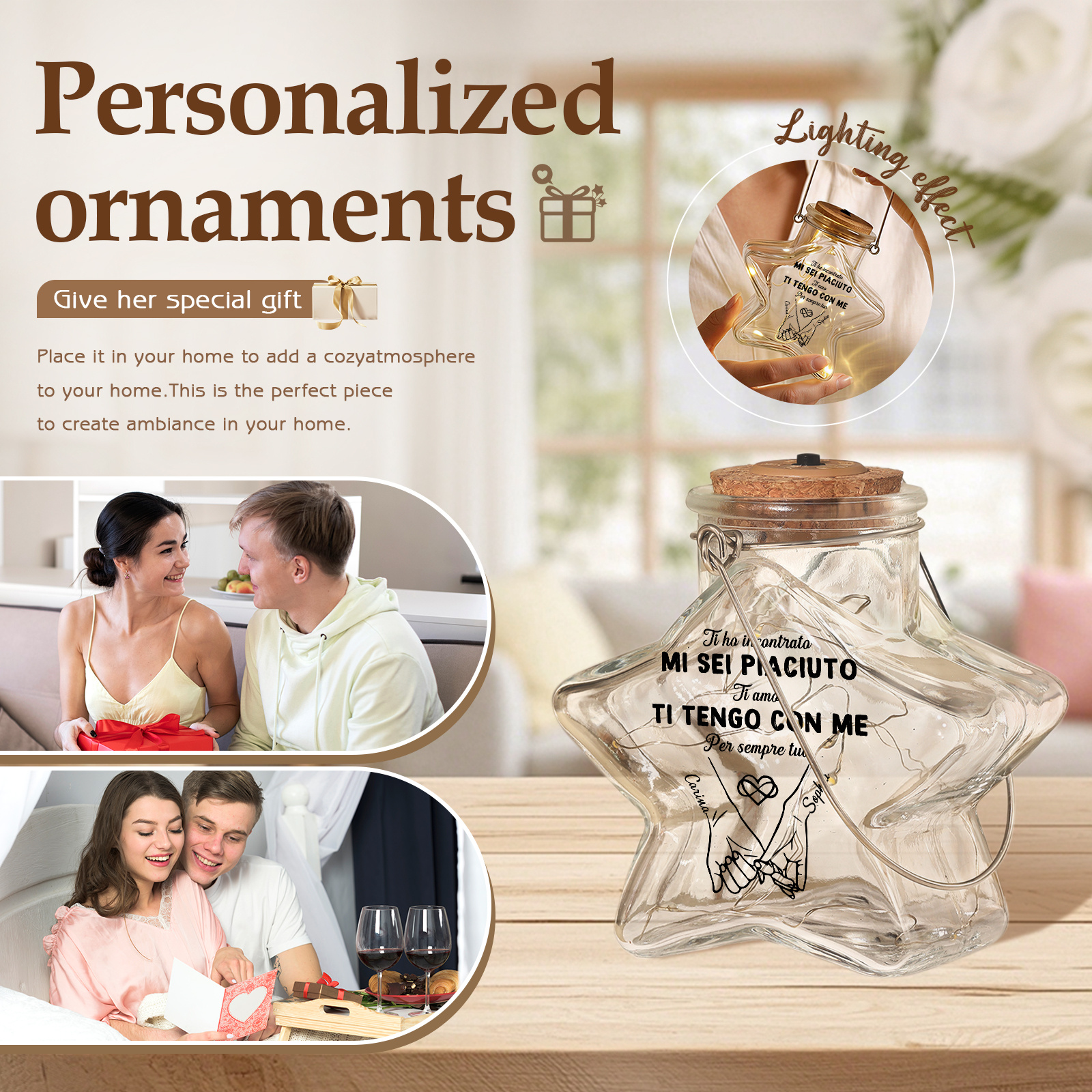 Lampada Stella Personalizzata con Nomi – Barattolo in Vetro Luminosa a LED, Regalo per Coppia
