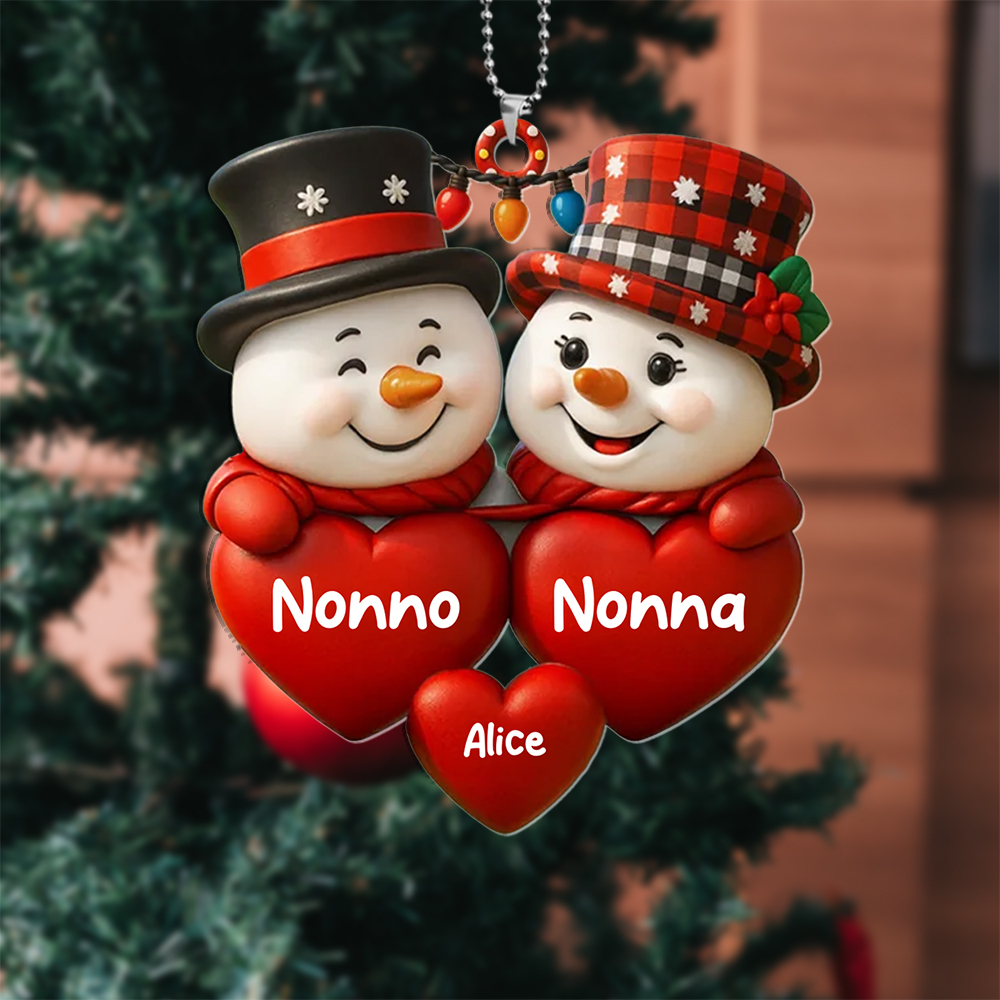 Decorazione per l'albero di Natale con pupazzi di neve personalizzata con i nomi della famiglia
