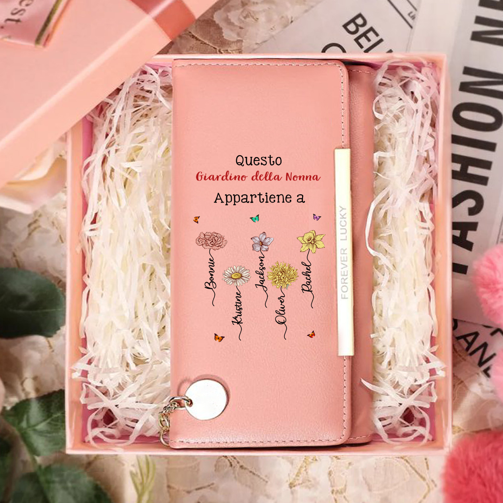 Portafoglio in pelle da donna Giardino della Nonna personalizzato con 1-6 fiori del mese di nascita
